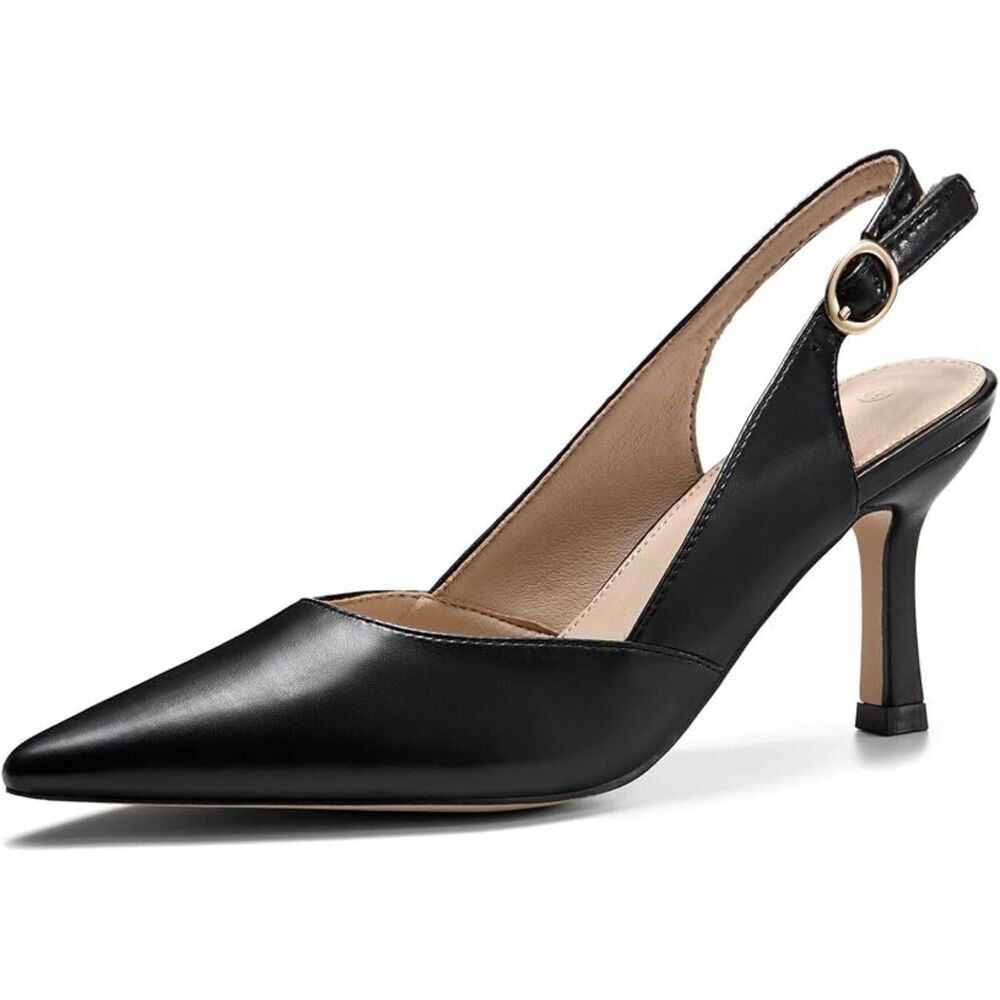 Women's Black Closed Toe Faux Leather Slingback Kitten Heel Wedding Pumps Shoes